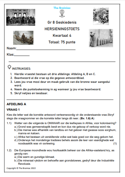 Gr 8 SW (Geskiedenis) Hersieningstoets - Kwartaal 4