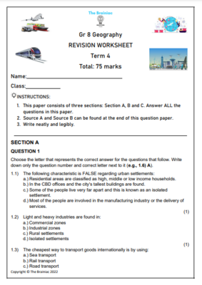 Gr 8 SS (Geography) Revision Test - Term 4