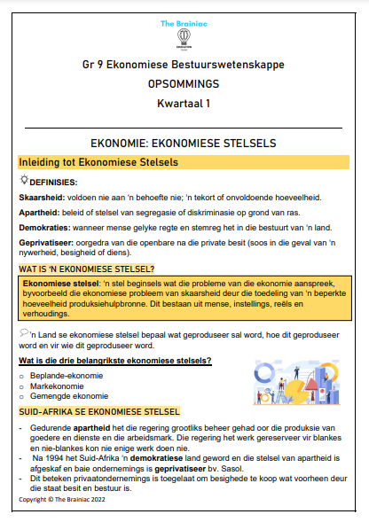 Gr 9 EBW Opsommings - Kwartaal 1