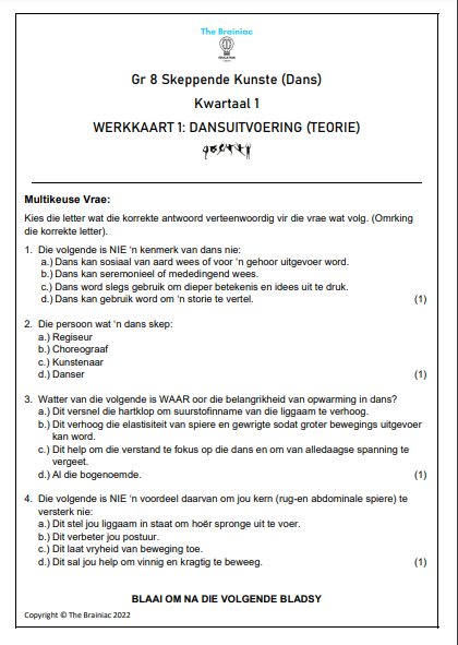 Gr 8 Dans Werkkaarte - Kwartaal 1