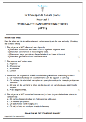 Gr 8 Dans Werkkaarte - Kwartaal 1