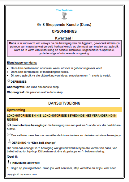 Gr 8 Dans Opsommings - Kwartaal 1