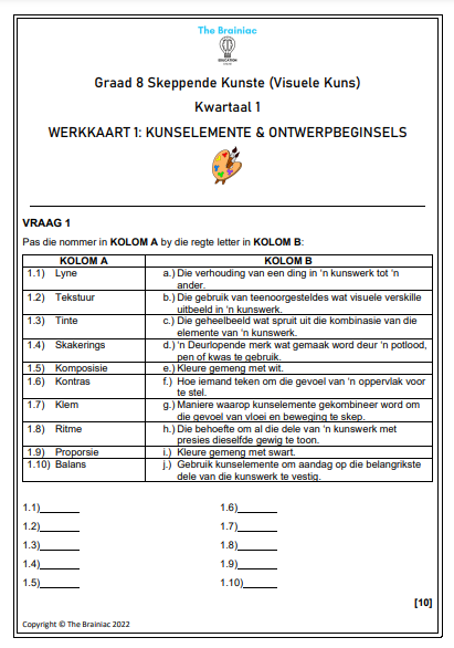 Gr 8 Visuele Kuns Werkkaarte - Kwartaal 1