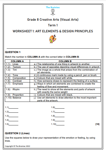 Gr 8 Visual Arts Worksheets - Term 1