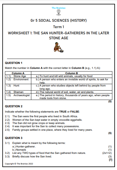 Gr 5 History Worksheets - Term 1