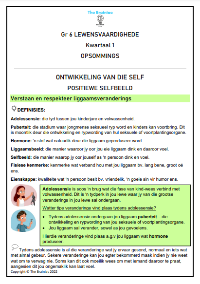 Gr 6 Lewensvaardigheid Opsommings - Kwartaal 1