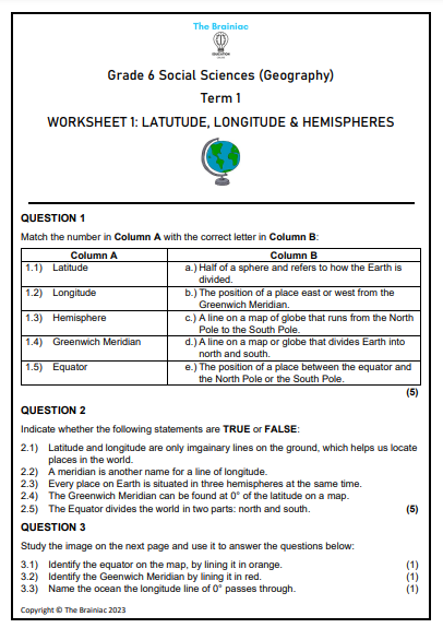 Gr 6 Geography Worksheets - Term 1