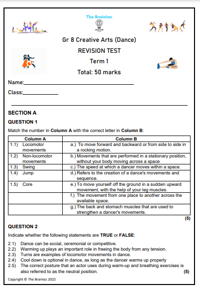 Gr 8 Dance Revision Test - Term 1