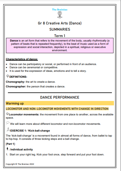 Gr 8 Dance Summaries - Term 1