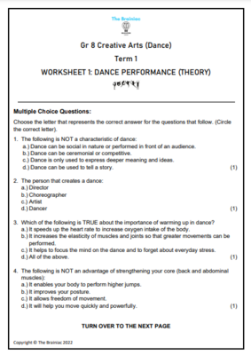 Gr 8 Dance Worksheets - Term 1