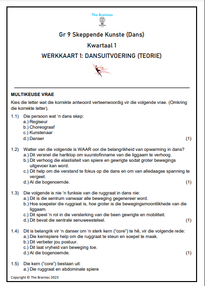 Gr 9 Dans Werkkaarte - Kwartaal 1