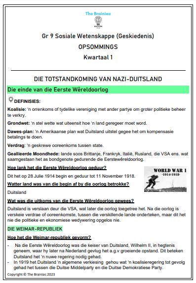 Gr 9 SW (Geskiedenis) Opsommings - Kwartaal 1