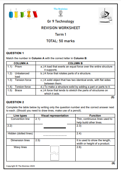 Gr 9 Technology Revision Worksheet - Term 1