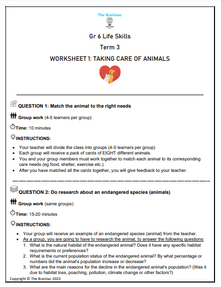 Gr 6 Life Skills Worksheets - Term 3