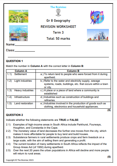 Gr 8 SS (Geography) Revision Worksheet - Term 3