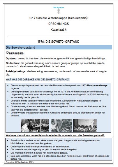 Gr 9 SW (Geskiedenis) Opsommings - Kwartaal 4