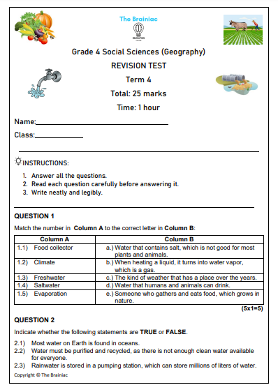 Gr 4 SS (Geography) Revision Test - Term 4