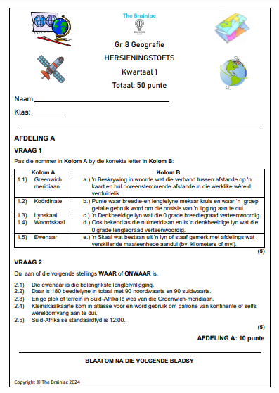 Gr 8 SW (Geografie) Hersieningstoets - Kwartaal 1