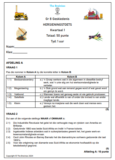 Gr 8 SW (Geskiedenis) Hersieningstoets - Kwartaal 1