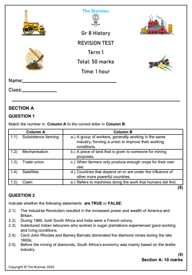 Gr 8 SS (History) Revision Test - Term 1