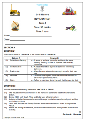 Gr 8 SS (History) Revision Test - Term 1