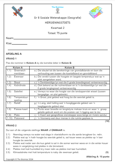 Gr 8 SW (Geografie) Hersieningstoets - Kwartaal 2
