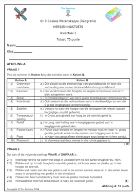 Gr 8 SW (Geografie) Hersieningstoets - Kwartaal 2