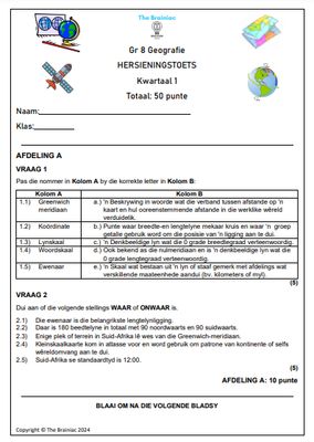 Gr 8 SW (Geografie) Hersieningstoets - Kwartaal 1