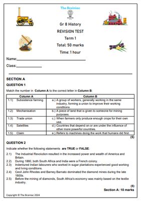 Gr 8 SS (History) Revision Test - Term 1