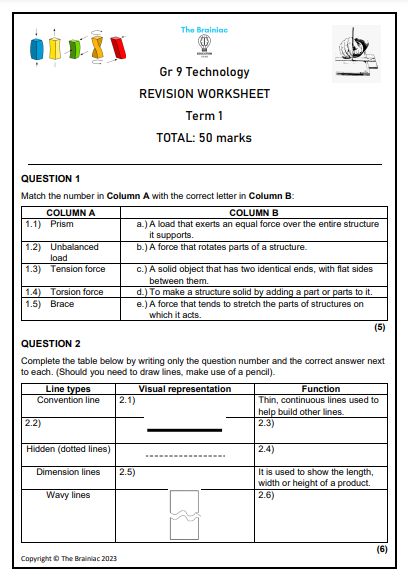 Gr 9 Technology Revision Worksheet - Term 1
