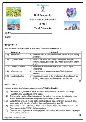 Gr 8 SS (Geography) Revision Worksheet - Term 3