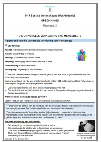 Gr 9 SW (Geskiedenis) Opsommings - Kwartaal 3