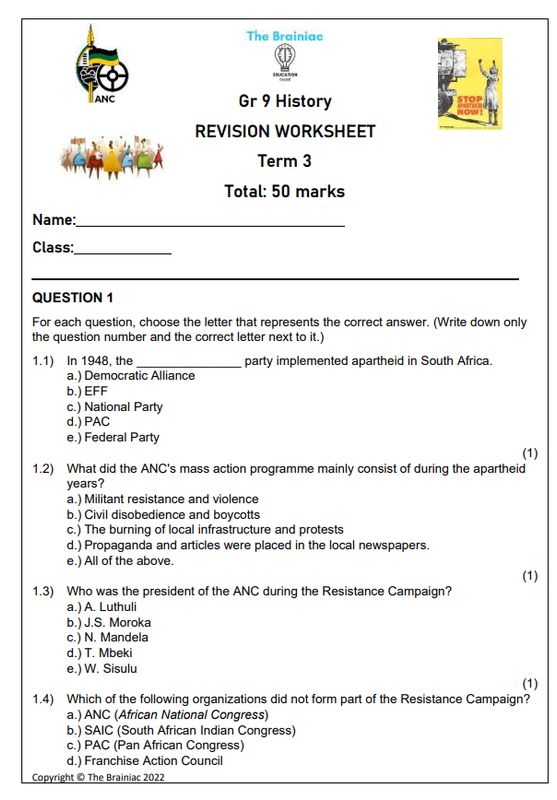 Gr 9 SS (History) Revision Worksheet - Term 3