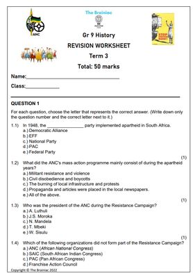 Gr 9 SS (History) Revision Worksheet - Term 3