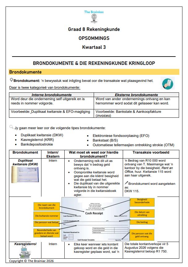 Gr 8 Rekeningkunde Opsommings - Kwartaal 3