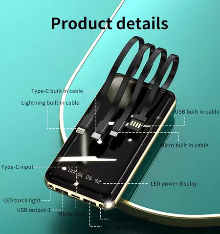 10000mAh 4 in 1 Built-in Cable power bank for iphone USB, micro USB, USB type c devices.