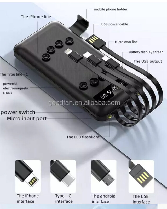 Portable Power Bank with 4 cables built-in with sucking disc and led torch