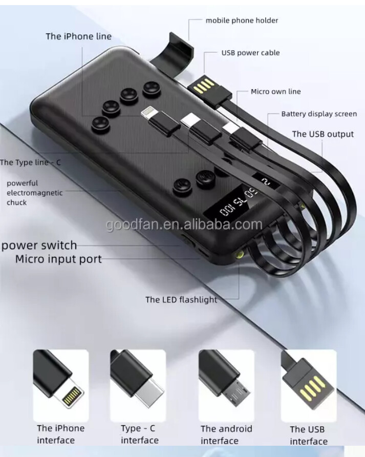 Portable Power Bank with 4 cables built-in with sucking disc and led torch