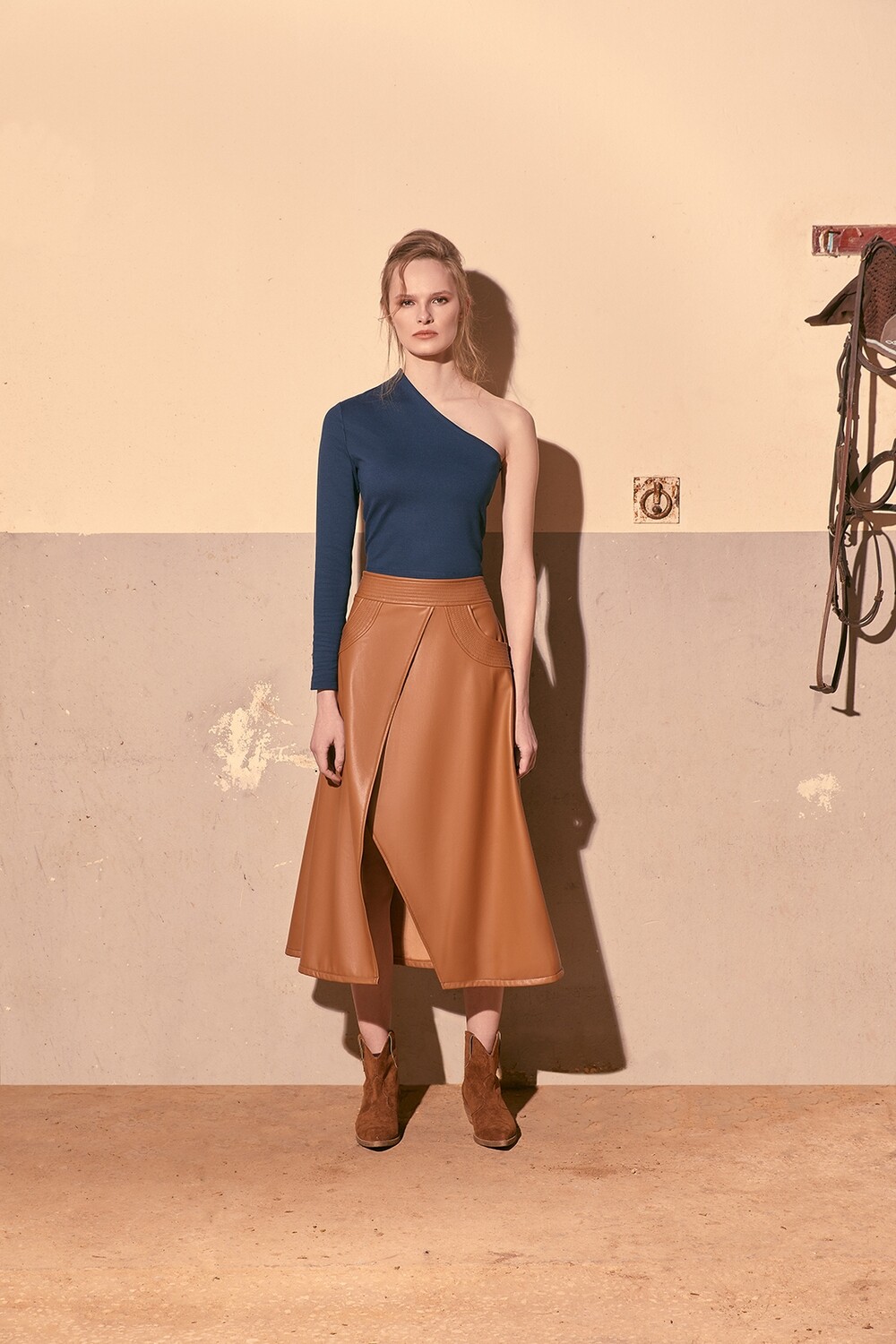 Midi Leather Skirt in Beige