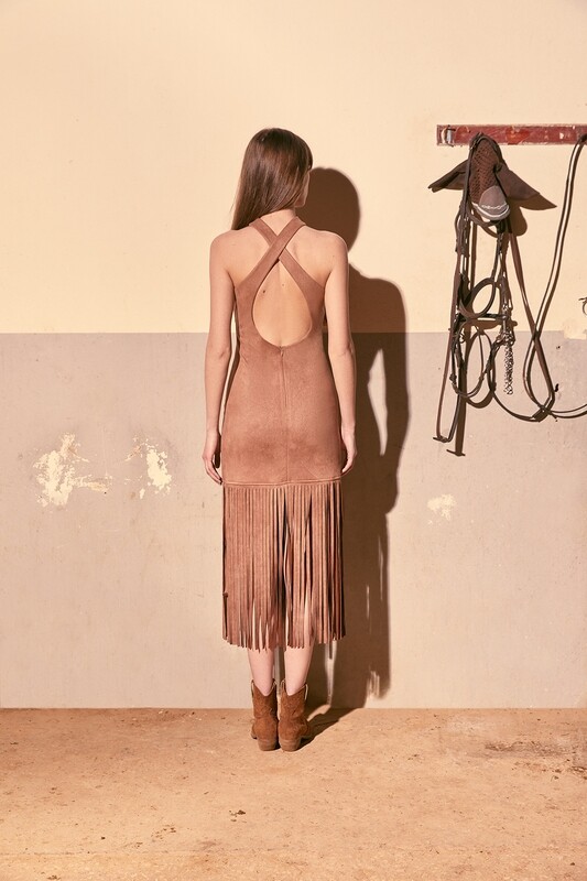 Midi Fringed Dress in Beige