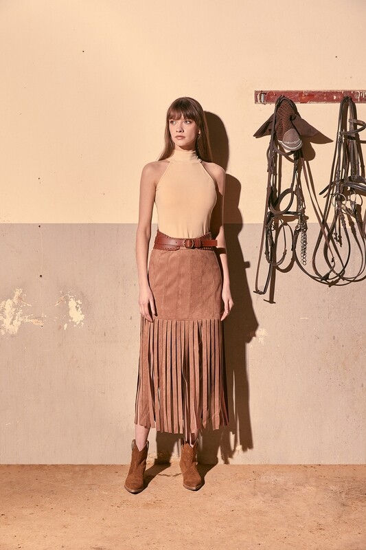 Fringed Long Skirt in Beige
