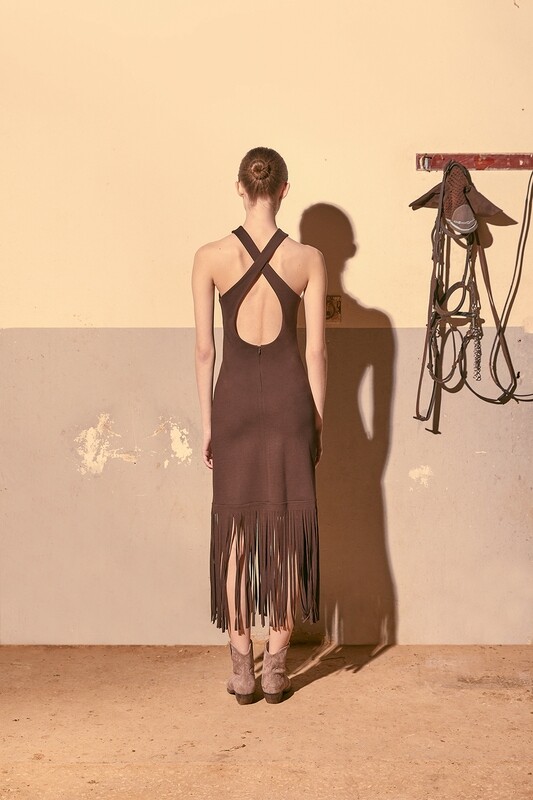 Midi Fringed Dress in Brown
