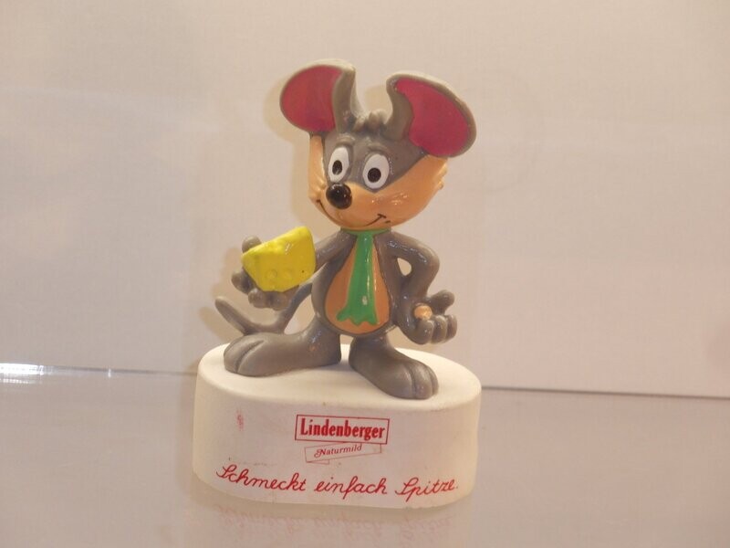 Werbefiguren: Lindenberger: ca. 90er Jahre: Maus mit Käse von Bullyland auf Sockel (Spitzer)