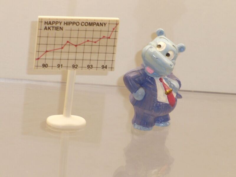 Die Happy Hippo Company 1994: Happy Hippo, Schild beklebt Die Happy Hippo Company 1994: Happy Hippo, Schild beklebt