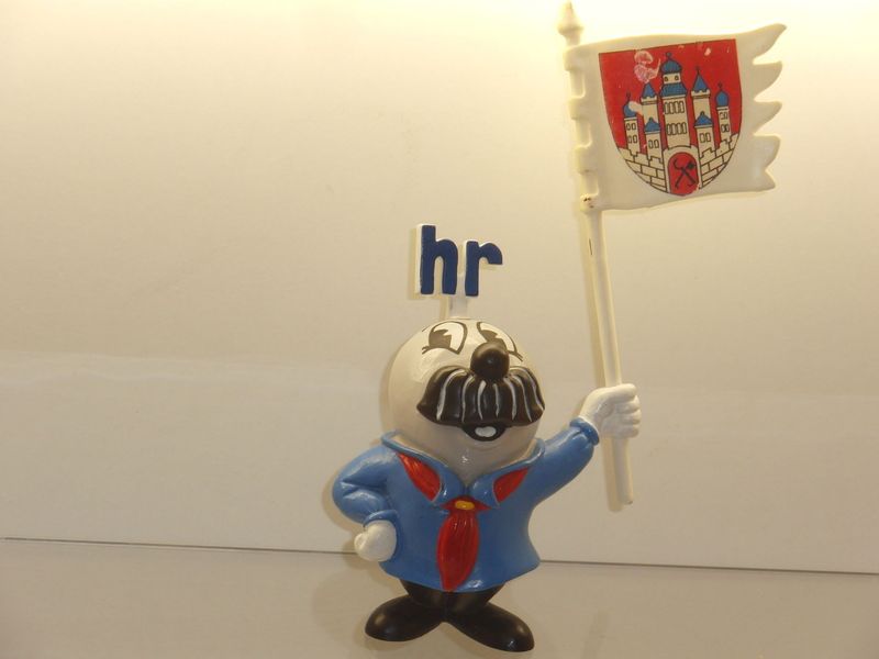 Werbefiguren: HR-Fernsehen: Onkel Otto: Schleich 90er Jahre: Onkel Otto mit Werbefahne Stadtwappen