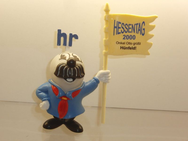 Werbefiguren: HR-Fernsehen: Onkel Otto: Schleich 2000er Jahre: Onkel Otto mit Werbefahne Hessentag 2000 Hünfeld