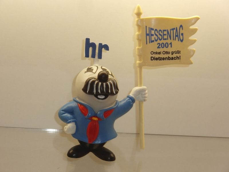 Werbefiguren: HR-Fernsehen: Onkel Otto: Schleich 2000er Jahre: Onkel Otto mit Werbefahne Hessentag 2001 Dietzenbach