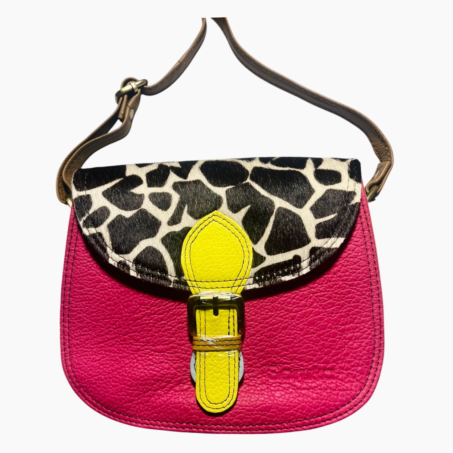 Soruka Leather Crossbody Purse - Pink + Yellow  With Animal Print