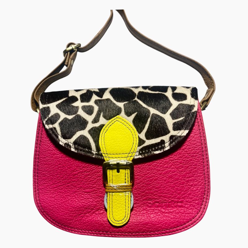 Soruka Leather Crossbody Purse - Pink + Yellow  With Animal Print
