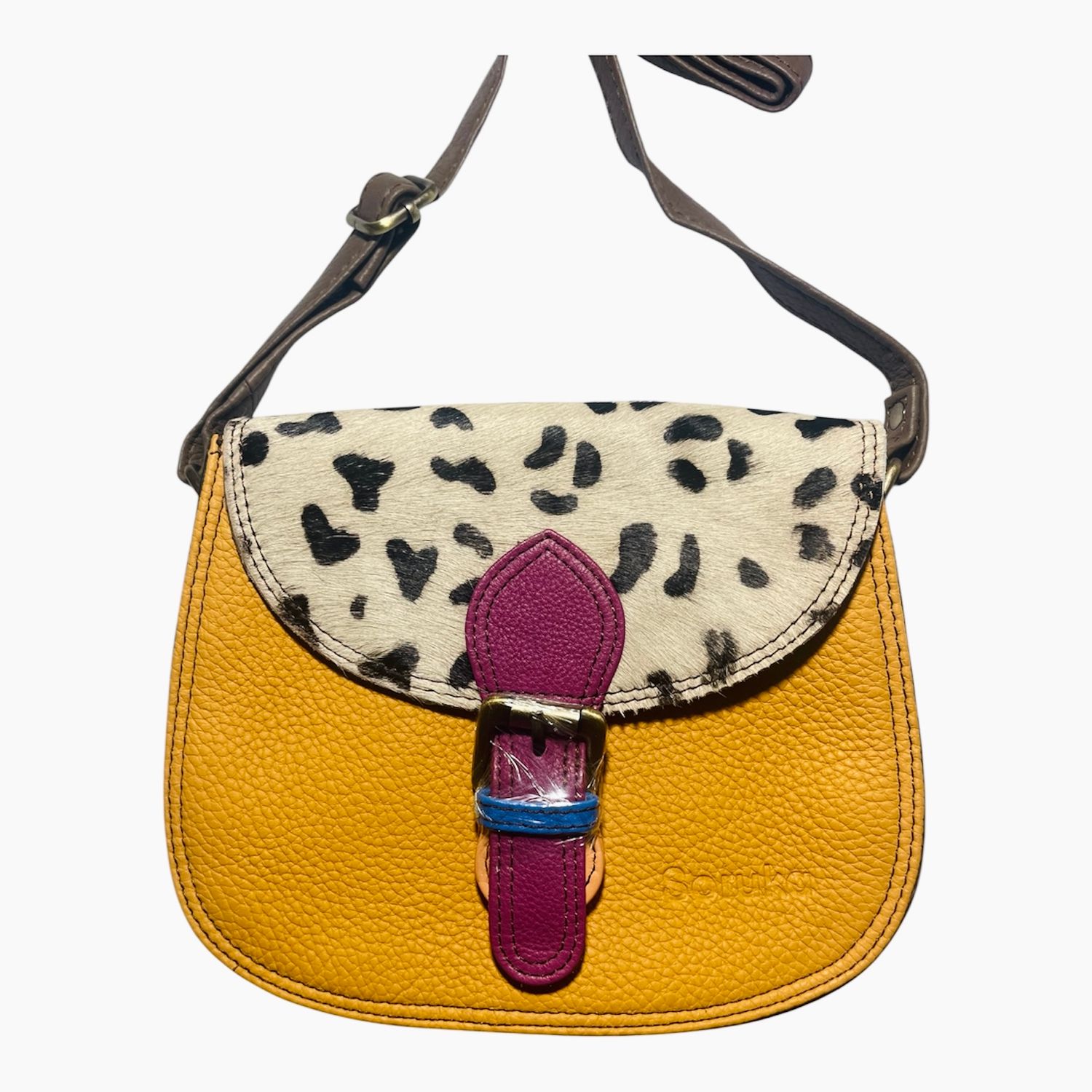 Soruka Leather Crossbody Purse - Mustard and Purple With Animal Print